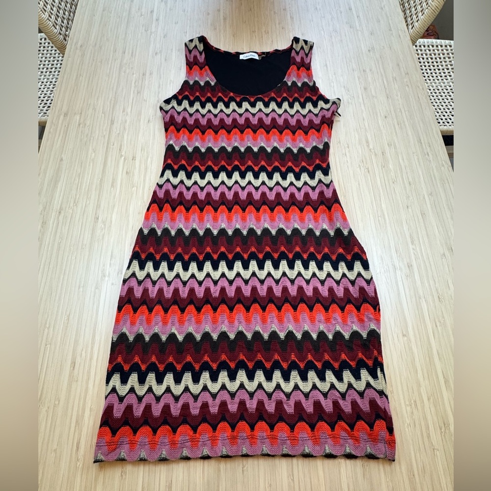 Calvin Klein Zigzag Knit Tank Dress in Black, Red, Pink, Orange Sz 8